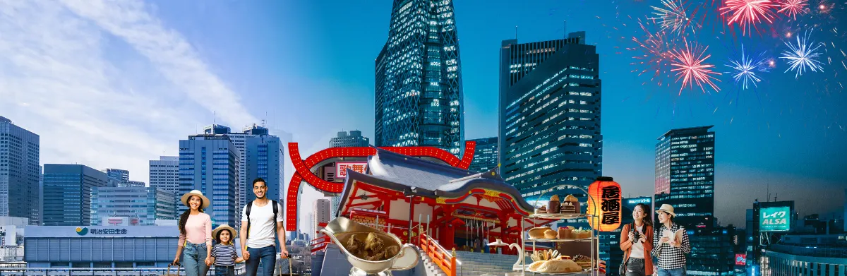 Collage of Shinjuku's skyscrapers, shrines, food and travelers