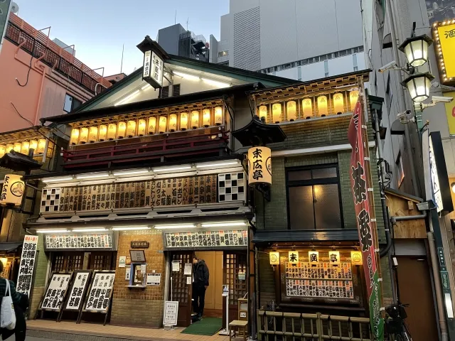 Lantern-lit wooden facade of Suehiro-tei on Suehiro Street