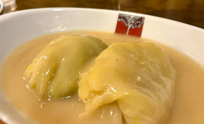 Stuffed cabbage rolls in creamy white sauce at Akashiya